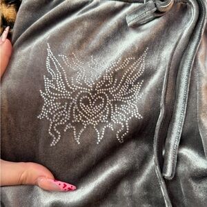 SHEIN Gray Velvet Flare Pants with Rhinestone Heart Design